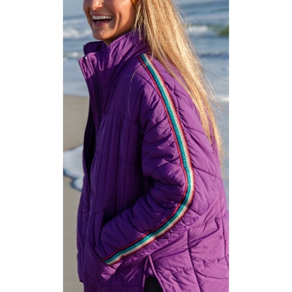 Natural Life Purple Quilted Puffer Jacket Rainbow Glitter Stripe Size M Full Zip